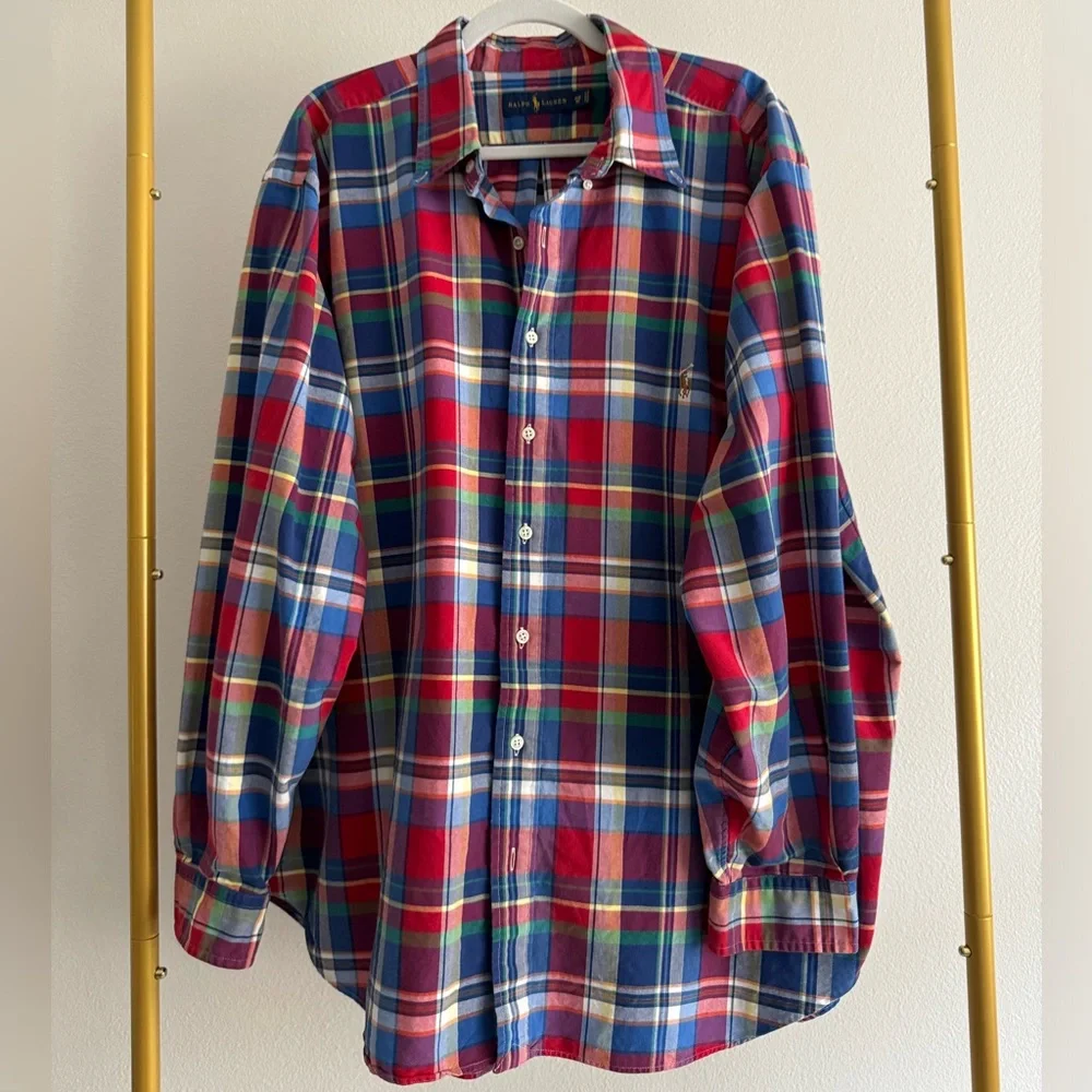 Ralph Lauren Men's Sz 2X Red Blue Plaid Classic Oxford Shirt 100%‎ Cotton